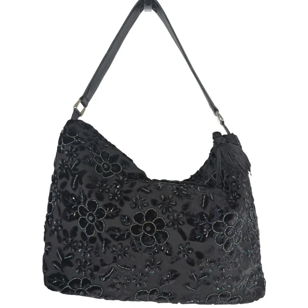 Christiana Black Beaded Velvet Floral Shoulder Bag Tassel Tote Purse